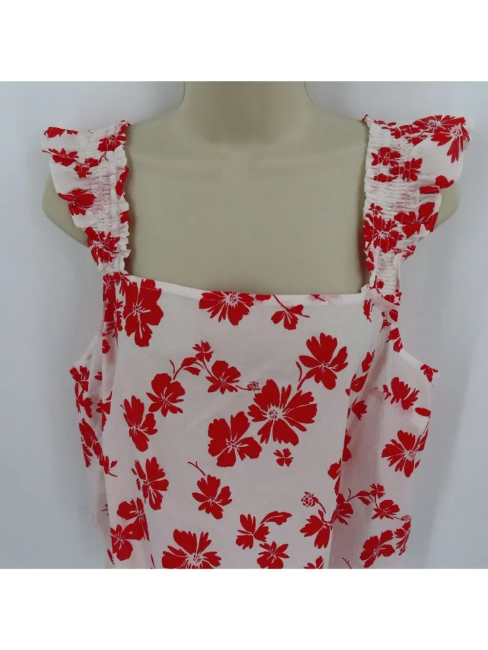 J Crew Women Large Red White Hibiscus Tropical Flower Ruffle Sleeve Tank Top NEW